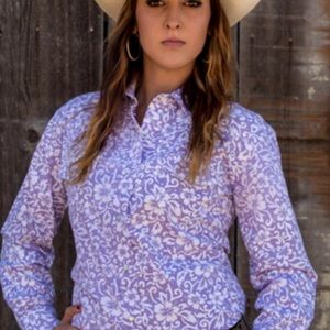 The Cowboy Gang! Punchy, purple Hawaiian print pearl snap. Perfect western wear